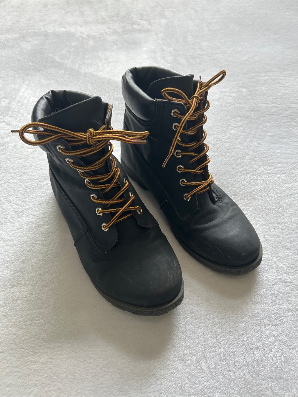 Rock & Candy Black Ankle Lace-Up Boots with Yellow & Red Laces
